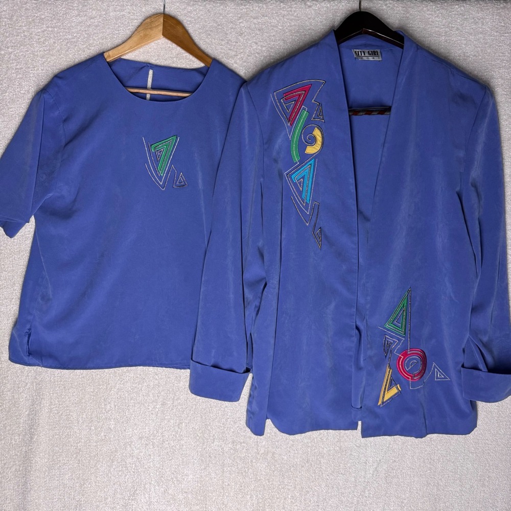 Vintage City Girl Sport 2 Piece Set L XL Purple Geometric Embroidered Jacket Top
